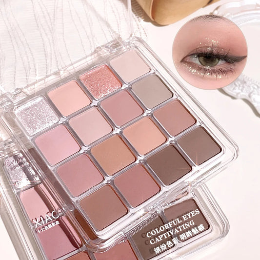 16-Color Eyeshadow Palette -  Matte & Shimmer Finishes with Pink, Brown